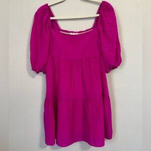 Lavender Brown Hot Pink Puff Sleeve Square Neck Dress